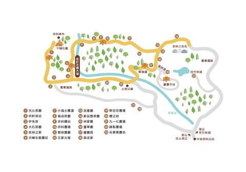 赤柯山金針花區導覽地圖，小瑞士農場與各景點位置示意